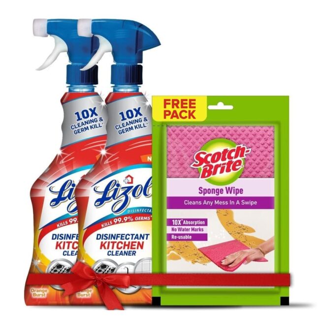 Lizol Orange Burst Disinfectant Kitchen Cleaner 2x450 ml + Scotch Brite Sponge Wipe